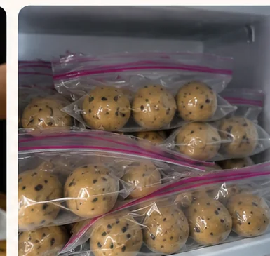 Foto caseira de celular de bolinhas de massa armazenadas em saquinhos no freezer